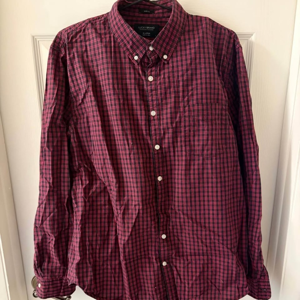 Lucky Brand Mens XL Slim Fit Red Black Plaid Button Down Long Sleeve Shirt